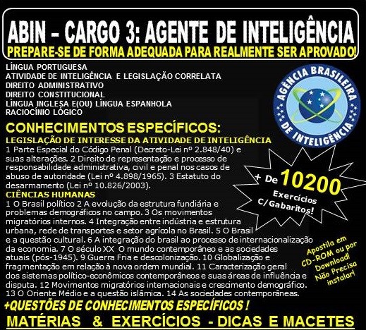 Apostila ABIN - CARGO: 3 - AGENTE de INTELIGÊNCIA - Teoria + 10.200 Exercícios - Concurso 2018