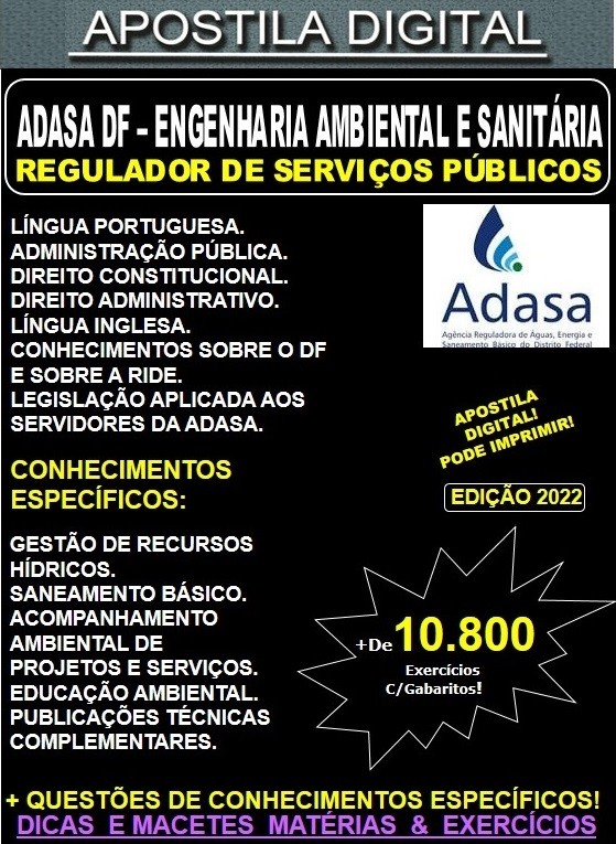Apostila ADASA DF - ENGENHARIA AMBIENTAL E SANITÁRIA - Teoria + 10.800 Exercícios - Concurso 2022