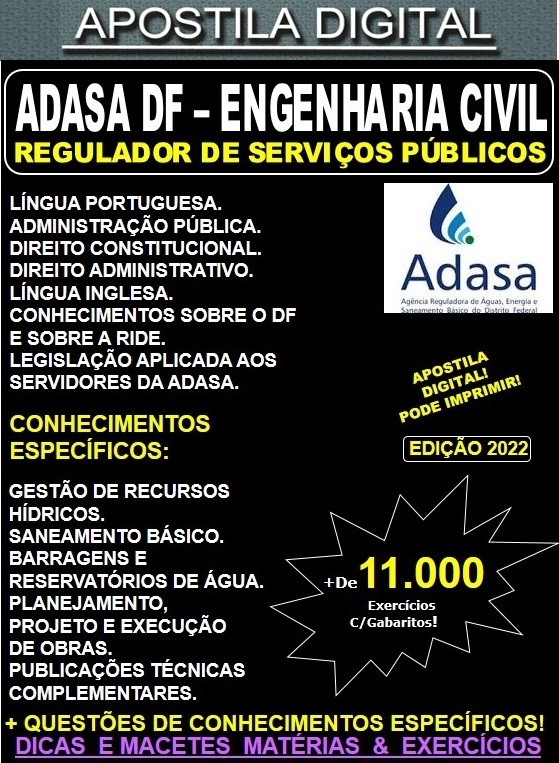 Apostila ADASA DF - ENGENHARIA CIVIL - Teoria + 11.000 Exercícios - Concurso 2022