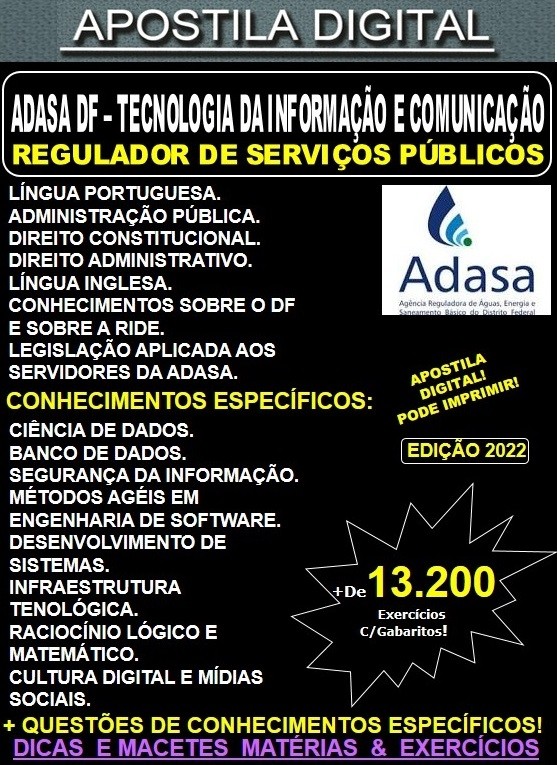 Apostila ADASA DF - TECNOLOGIA da INFORMAÇÃO e COMUNICAÇÃO  - Teoria + 13.200 Exercícios - Concurso 2022