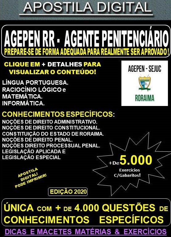 Apostila AGEPEN RR  - AGENTE PENITENCIÁRIO  - Teoria +5.000 Exercícios - Concurso 2020