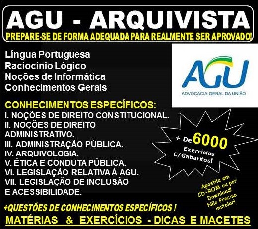 Apostila AGU - ARQUIVISTA - Teoria + 6.000 Exercícios - Concurso 2018