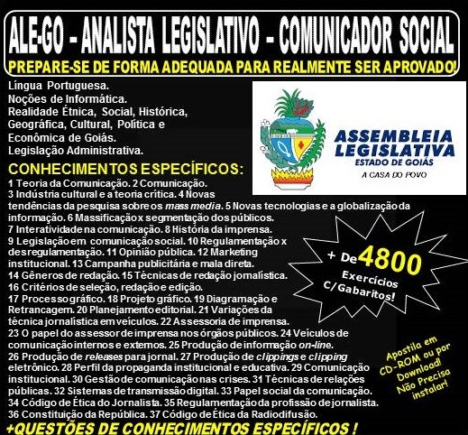 Apostila ALE-GO - Analista Legislativo - COMUNICADOR SOCIAL - Teoria + 4.800 Exercícios - Concurso 2018