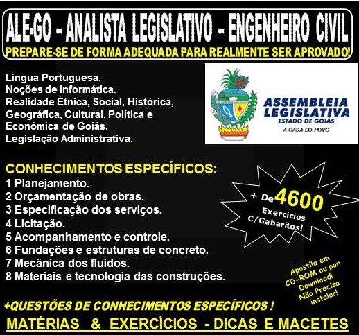 Apostila ALE-GO - Analista Legislativo - ENGENHEIRO CIVIL - Teoria + 4.600 Exercícios - Concurso 2018