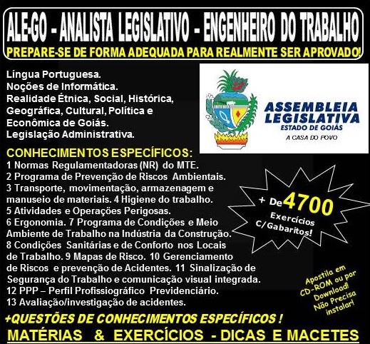 Apostila ALE-GO - Analista Legislativo - ENGENHEIRO do TRABALHO - Teoria + 4.700 Exercícios - Concurso 2018
