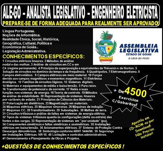 Apostila ALE-GO - Analista Legislativo - ENGENHEIRO ELETRICISTA - Teoria + 4.500 Exercícios - Concurso 2018