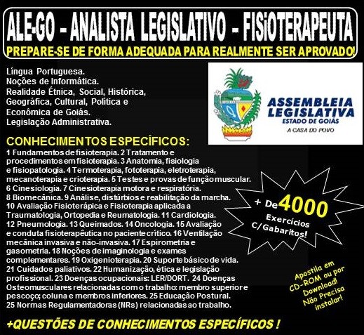 Apostila ALE-GO - Analista Legislativo - FISIOTERAPEUTA - Teoria + 4.000 Exercícios - Concurso 2018