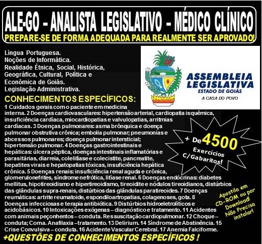 Apostila ALE-GO - Analista Legislativo - MÉDICO CLÍNICO - Teoria + 4.500 Exercícios - Concurso 2018