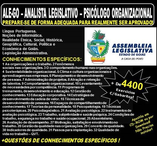 Apostila ALE-GO - Analista Legislativo - PSICÓLOGO ORGANIZACIONAL - Teoria + 4.400 Exercícios - Concurso 2018