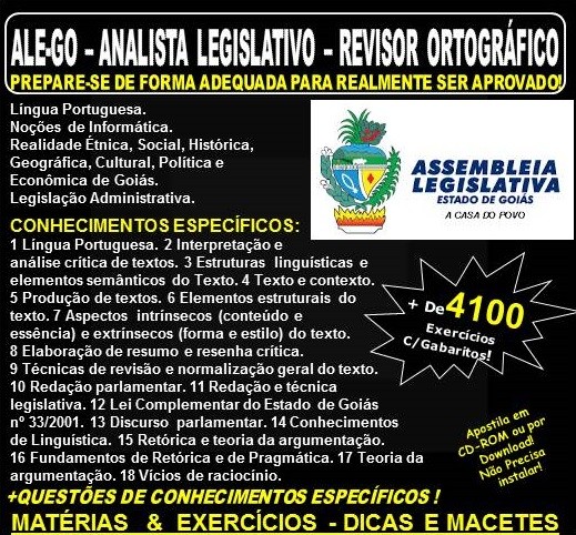 Apostila ALE-GO - Analista Legislativo - REVISOR ORTOGRÁFICO - Teoria + 4.100 Exercícios - Concurso 2018