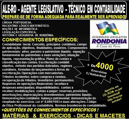 Apostila ALE-RO - AGENTE LEGISLATIVO - TÉCNICO em CONTABILIDADE - Teoria + 4.000 Exercícios - Concurso 2018