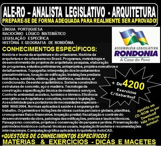 Apostila ALE-RO - ANALISTA LEGISLATIVO - ARQUITETURA - Teoria + 4.200 Exercícios - Concurso 2018