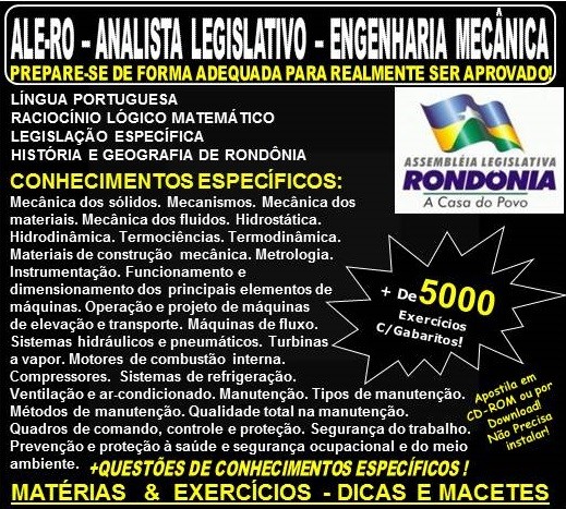 Apostila ALE-RO - ANALISTA LEGISLATIVO - ENGENHARIA MECÂNICA - Teoria + 5.000 Exercícios - Concurso 2018
