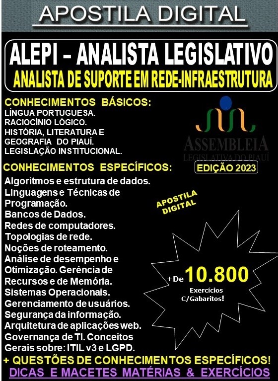 Apostila ALEPI - Analista Legislativo - ANALISTA de SUPORTE em REDE-INFRAESTRUTURA - Teoria + 10.800 Exercícios - Concurso 2023