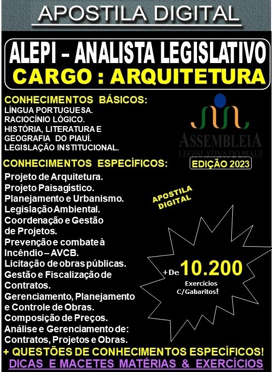 Apostila ALEPI - Analista Legislativo - ARQUITETURA - Teoria + 10.200 Exercícios - Concurso 2023