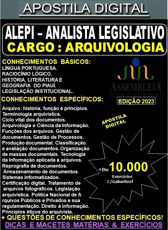 Apostila ALEPI - Analista Legislativo - ARQUIVOLOGIA - Teoria + 10.000 Exercícios - Concurso 2023