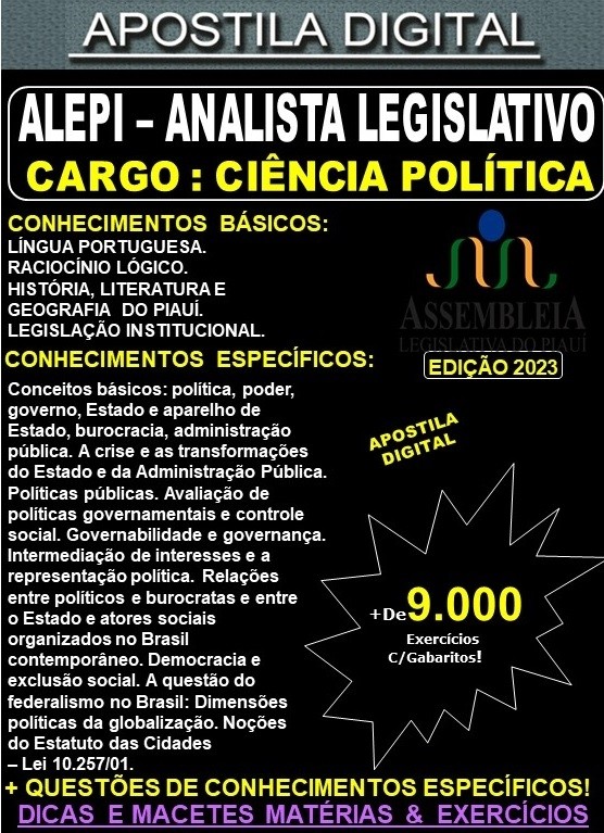 Apostila ALEPI - Analista Legislativo - CIÊNCIA POLÍTICA - Teoria + 9.000 Exercícios - Concurso 2023