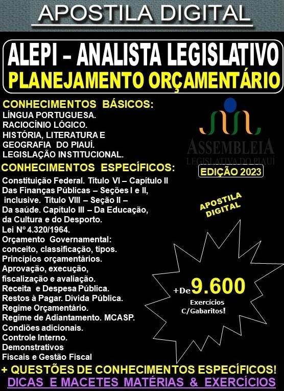 Apostila ALEPI - Analista Legislativo - PLANEJAMENTO ORÇAMENTÁRIO - Teoria + 9.600 Exercícios - Concurso 2023