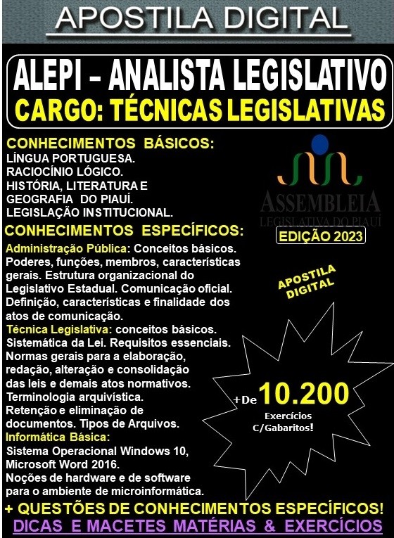 Apostila ALEPI - Analista Legislativo - TÉCNICAS LEGISLATIVAS - Teoria + 10.400 Exercícios - Concurso 2023