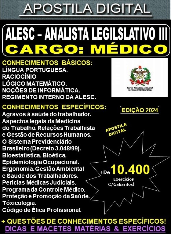 Apostila ALESC - Analista Legislativo III - MÉDICO - Teoria + 10.400 Exercícios - Concurso 2024