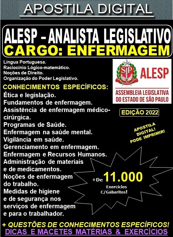 Apostila ALESP - ANALISTA LEGISLATIVO - ENFERMAGEM - Teoria + 11.000 exercícios - Concurso 2022