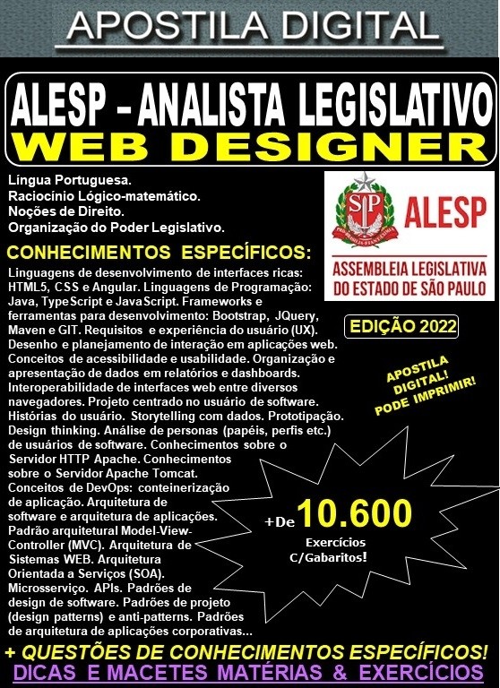 Apostila ALESP - ANALISTA LEGISLATIVO - WEB DESIGNER - Teoria + 10.600 exercícios - Concurso 2022