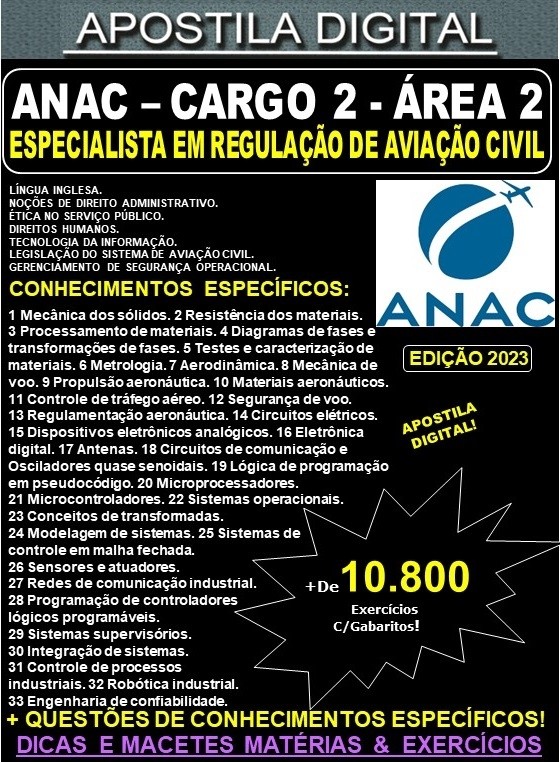 Apostila ANAC - Cargo 2 - ESPECIALISTA em REGULAÇÃO de AVIAÇÃO CIVIL – Área 2 - Teoria + 10.800 Exercícios - Concurso 2023