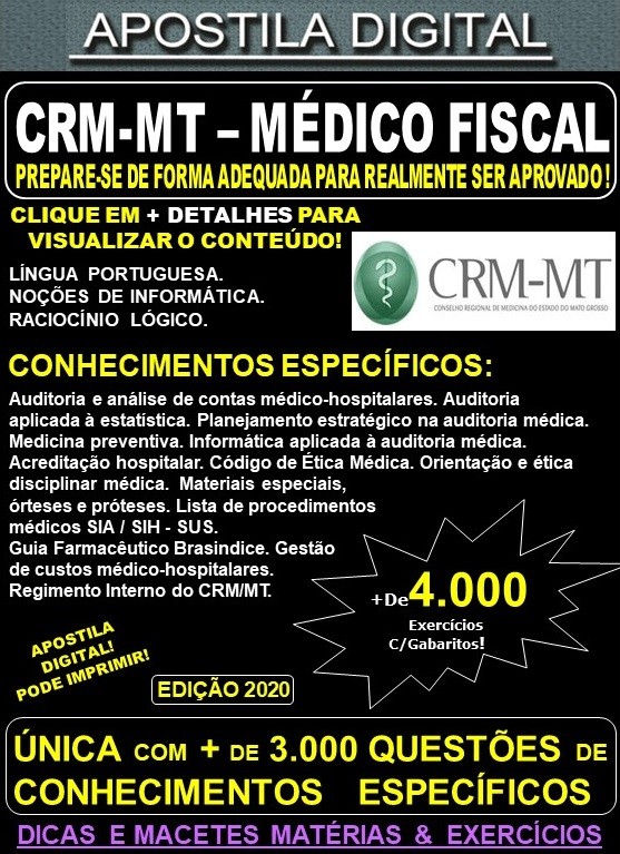 Apostila CRM MT - MÉDICO FISCAL - Teoria + 4.000 Exercícios - Concurso 2020