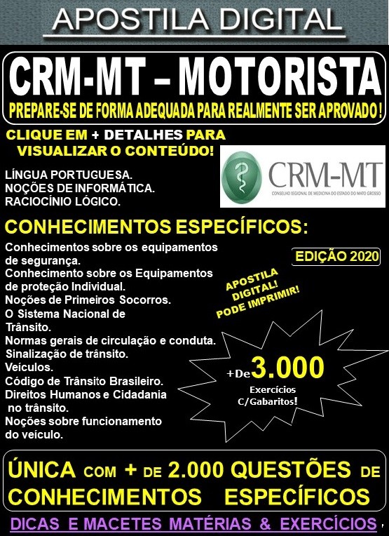 Apostila CRM MT - MOTORISTA - Teoria + 3.000 Exercícios - Concurso 2020
