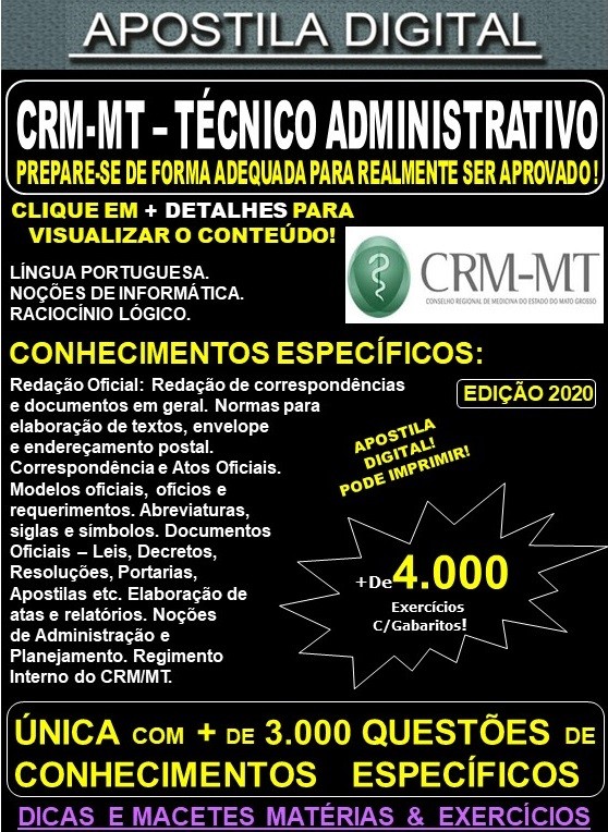 Apostila CRM MT - TÉCNICO ADMINISTRATIVO - Teoria + 4.000 Exercícios - Concurso 2020