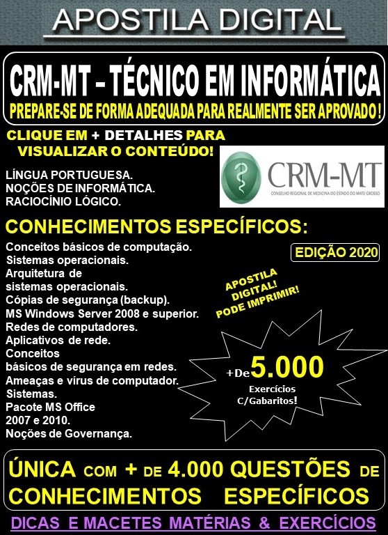 Apostila CRM MT - TÉCNICO EM INFORMÁTICA - Teoria + 5.000 Exercícios - Concurso 2020