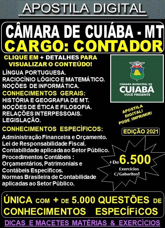 Apostila CÂMARA de CUIABÁ - CONTADOR  - Teoria + 6.500 Exercícios - Concurso 2021