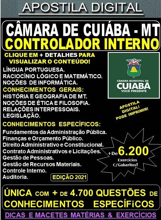 Apostila CÂMARA de CUIABÁ - CONTROLADOR INTERNO  - Teoria + 6.200 Exercícios - Concurso 2021