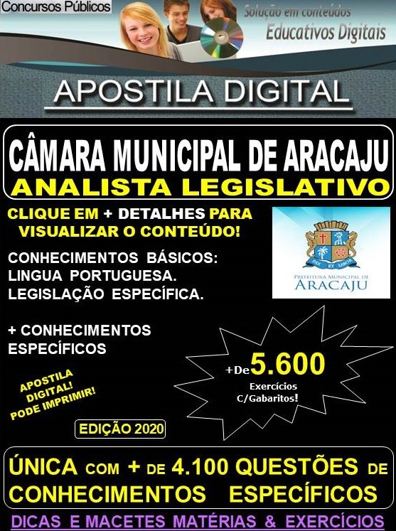 Apostila Câmara Municipal de Aracaju -  ANALISTA LEGISLATIVO - Teoria + 5.600 exercícios - Concurso 2020