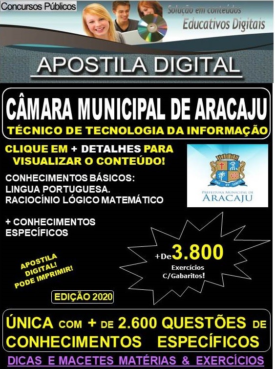 Apostila Câmara Municipal de Aracaju - TÉCNICO DE TECNOLOGIA DA INFORMAÇÃO - Teoria + 3.800 exercícios - Concurso 2020