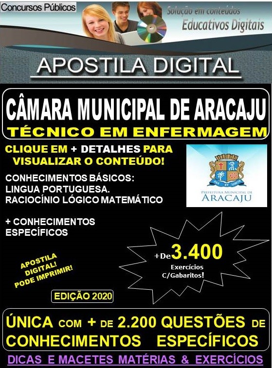 Apostila Câmara Municipal de Aracaju - TÉCNICO EM ENFERMAGEM - Teoria + 3.400 exercícios - Concurso 2020