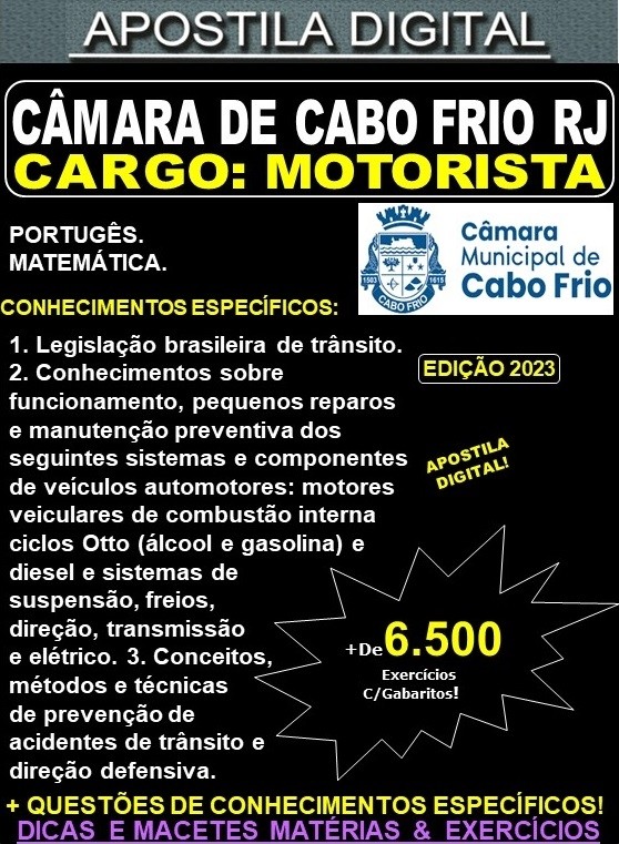 Apostila CÂMARA de CABO FRIO RJ - MOTORISTA - Teoria + 6.500 Exercícios - Concurso 2023-24