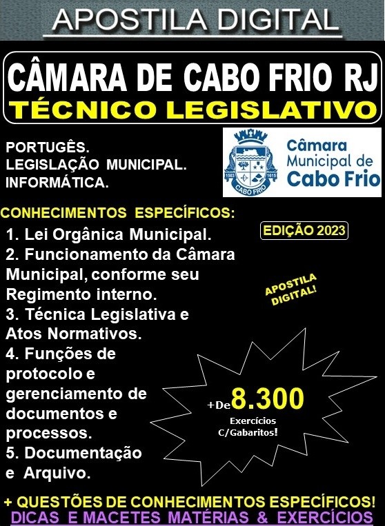 Apostila CÂMARA de CABO FRIO RJ - TÉCNICO LEGISLATIVO - Teoria + 8.300 Exercícios - Concurso 2023-24