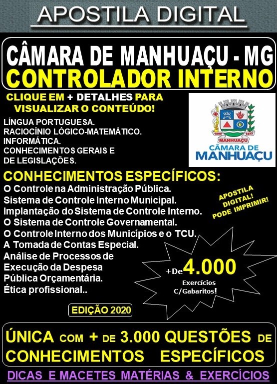 Apostila Câmara de Manhuaçu MG - CONTROLADOR INTERNO - Teoria + 4.000 Exercícios - Concurso 2020