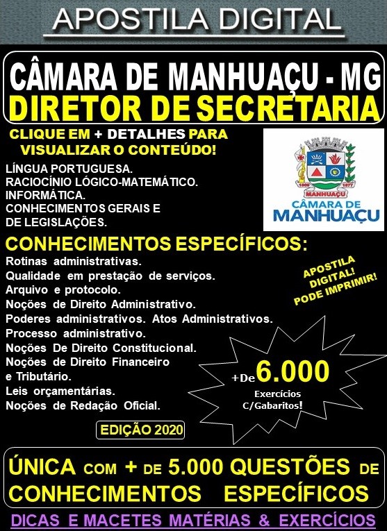 Apostila Câmara de Manhuaçu MG - DIRETOR de SECRETARIA - Teoria + 6.000 Exercícios - Concurso 2020
