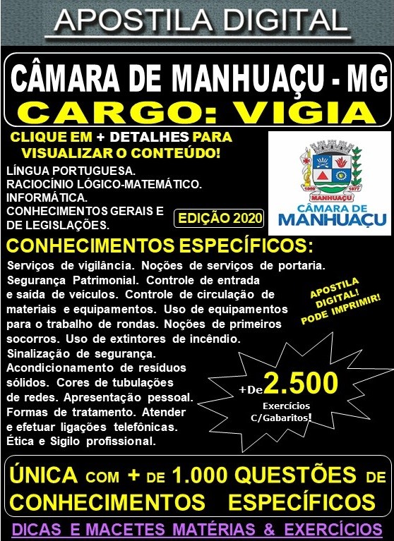 Apostila Câmara de Manhuaçu MG - VIGIA - Teoria + 2.500 Exercícios - Concurso 2020