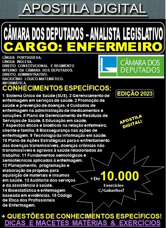 Apostila CÂMARA DOS DEPUTADOS - Analista Legislativo - ENFERMEIRO - Teoria + 10.000 Exercícios - Concurso 2023