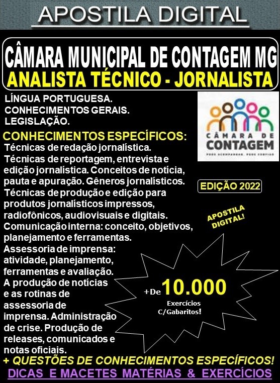 Apostila Câmara Municipal de Contagem MG - Analista Técnico - JORNALISTA - Teoria + 10.000 Exercícios - Concurso 2022