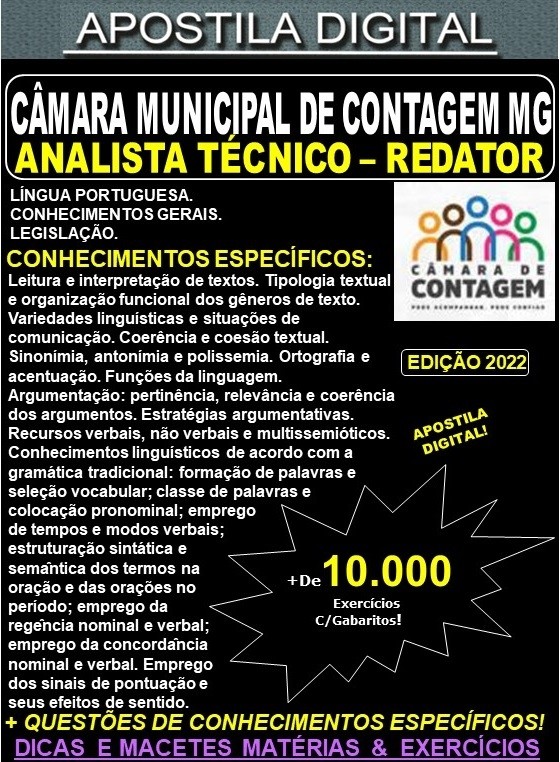 Apostila Câmara Municipal de Contagem MG - Analista Técnico - REDATOR - Teoria + 10.000 Exercícios - Concurso 2022