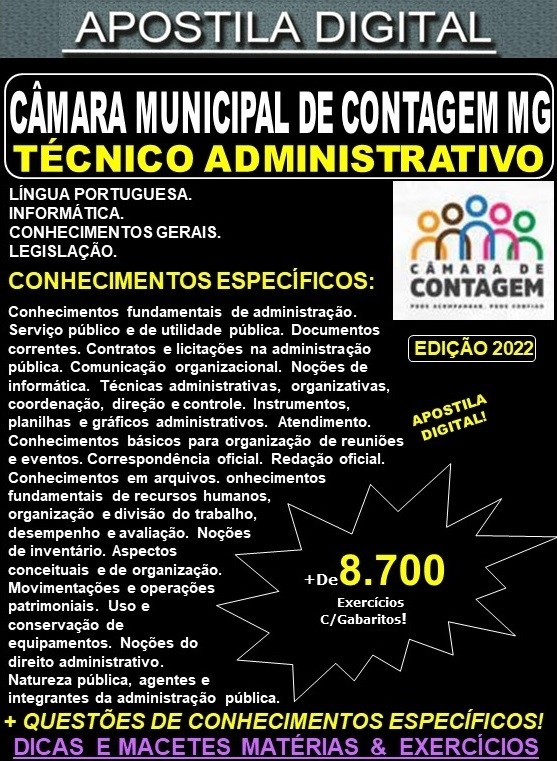 Apostila Câmara Municipal de Contagem MG - TÉCNICO ADMINISTRATIVO - Teoria + 8.700 Exercícios - Concurso 2022