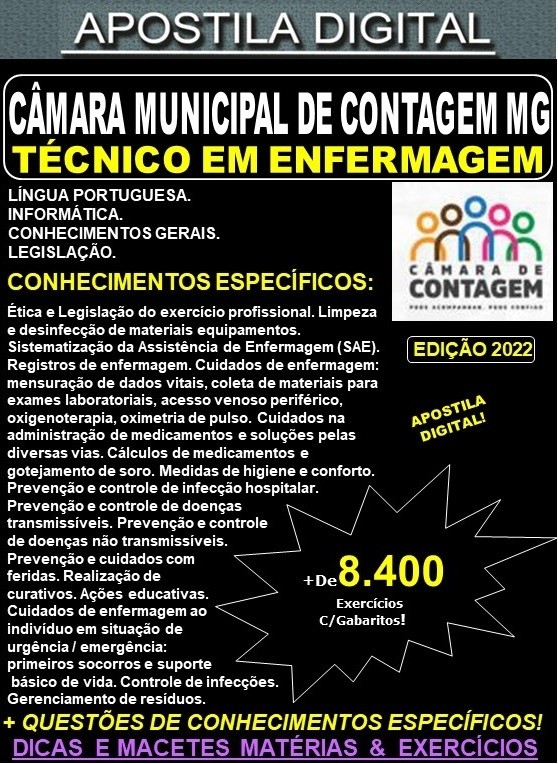 Apostila Câmara Municipal de Contagem MG - TÉCNICO em ENFERMAGEM - Teoria + 8.400 Exercícios - Concurso 2022