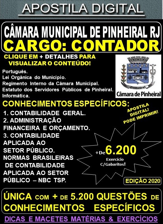 Apostila Câmara Municipal de Pinheiral RJ - CONTADOR - Teoria + 6.200 Exercícios - Concurso 2020