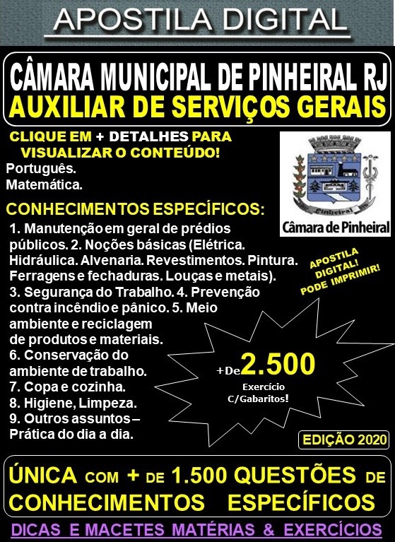 Apostila Câmara Municipal de Pinheiral RJ - AUXILIAR de SERVIÇOS GERAIS - Teoria + 2.500 Exercícios - Concurso 2020
