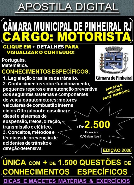 Apostila Câmara Municipal de Pinheiral RJ - MOTORISTA - Teoria + 2.500 Exercícios - Concurso 2020