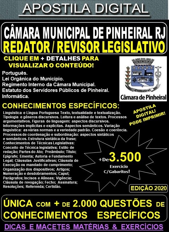 Apostila Câmara Municipal de Pinheiral RJ - REDATOR / REVISOR LEGISLATIVO - Teoria + 3.500 Exercícios - Concurso 2020
